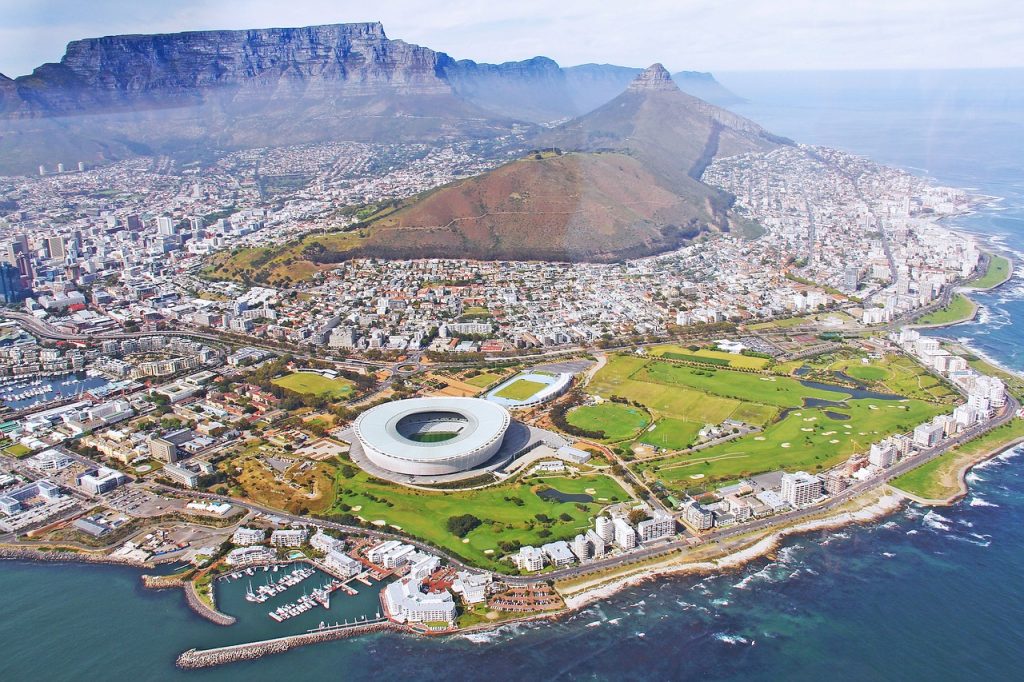 Cape Town with surrounding mountains and coastline from helicopter ride
